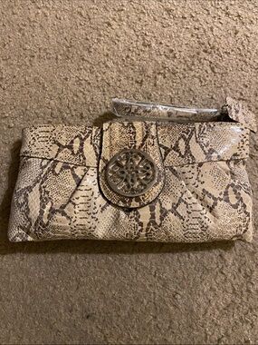 Solina Python Beige Snake-Print Clutch with Gold Medallion